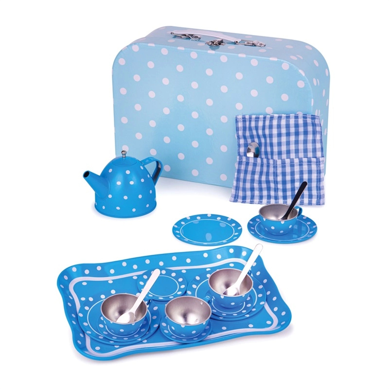 Bigjigs Toys čajový set v kufříku modrý puntíkovaný