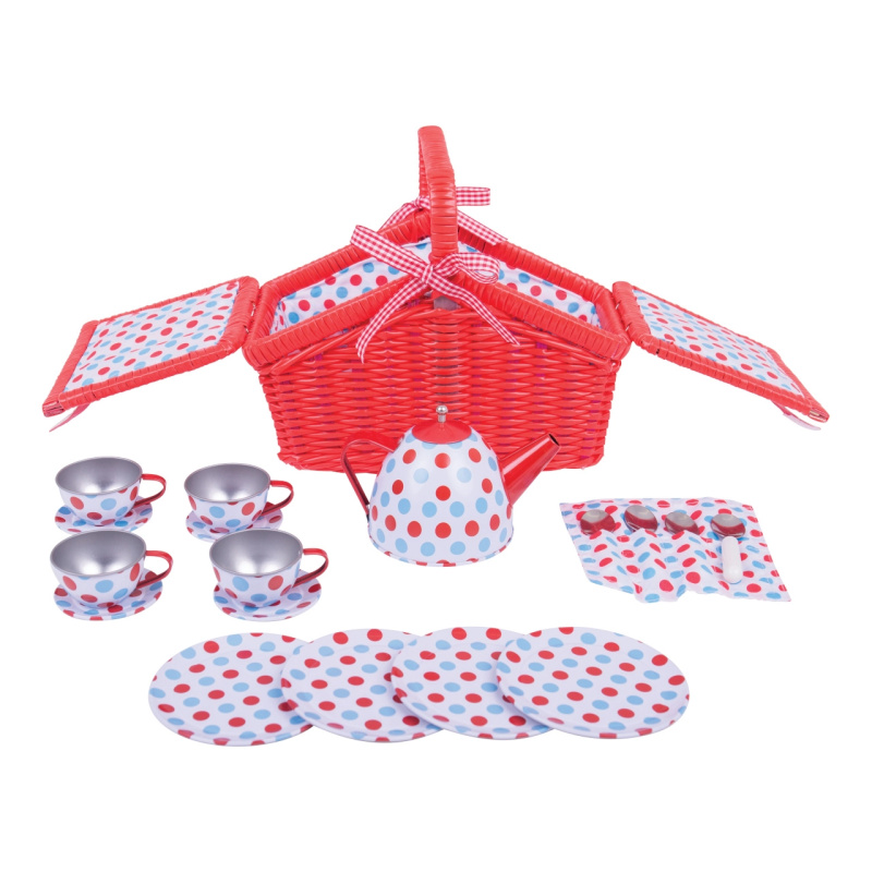 Bigjigs Toys čajový set v košíku červený puntíkovaný