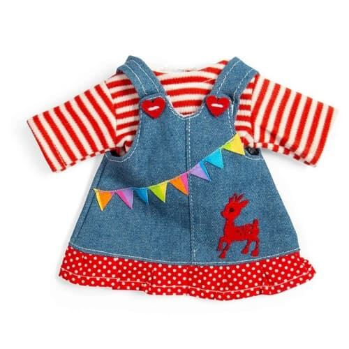Bigjigs Toys džínové šaty s laclem a pruhovaným tričkem pro panenku 28 cm