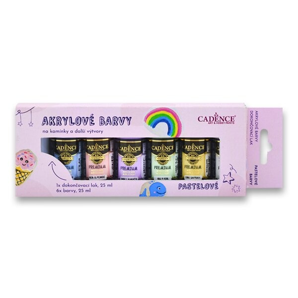 Akrylové barvy na kamínky Cadence Premium sada 6 pastelových barev + akrylový lak CADENCE