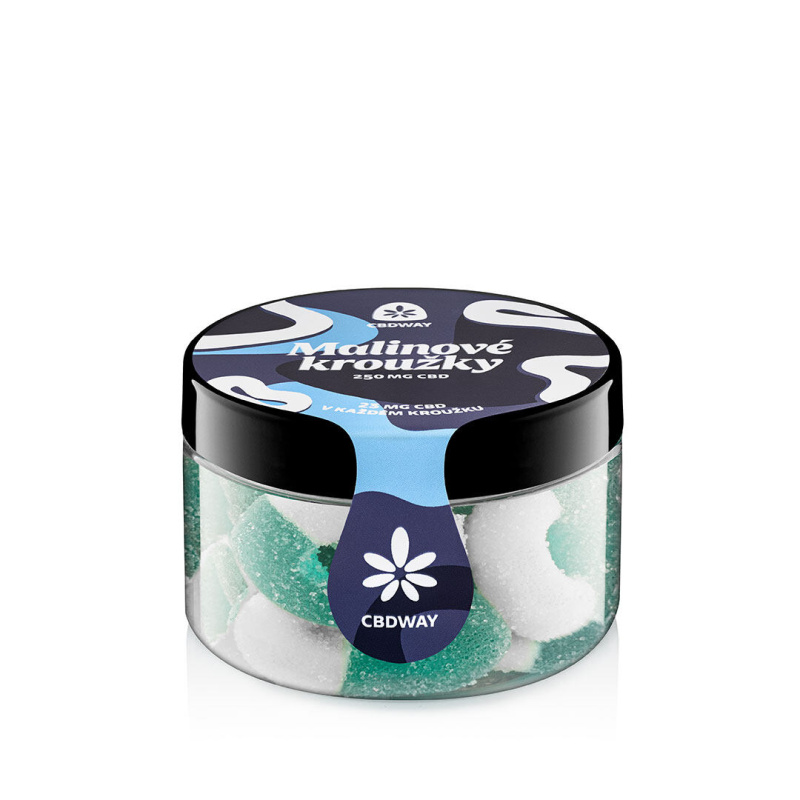 CBD Kyselé želé kroužky s příchutí modrá malina obsah cbd 250 mg hmotnost 100 g