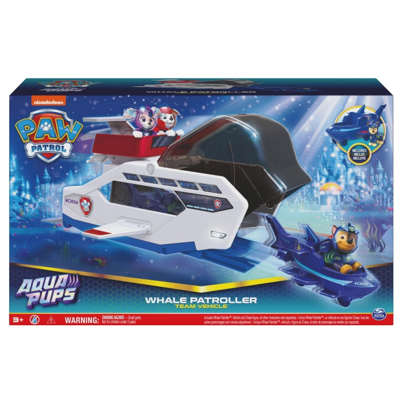 PAW Patrol Aqua Pups velrybí patrolér s figurkou Chase a vystřelovacím vozidlem