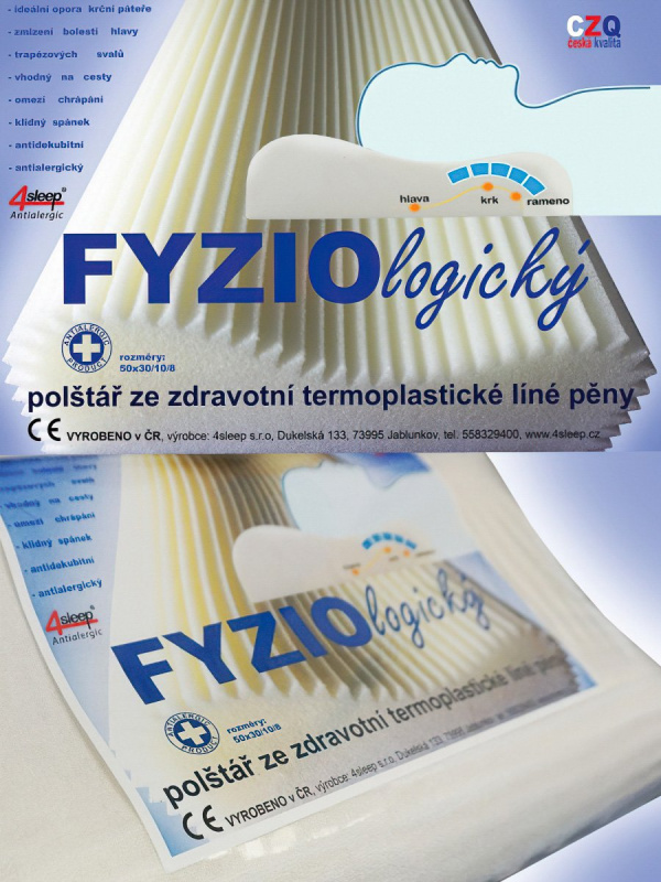 4sleep Polštář anatomický FYZIOLOGICKÝ ze zdravotní termoplastické líné pěny, 50x30x10/8cm, se zipem