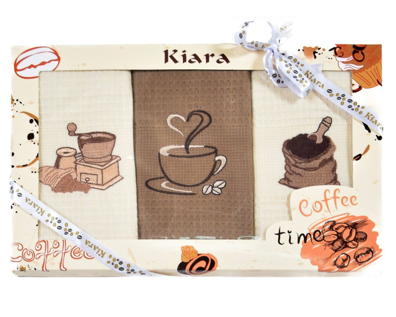 Utěrky KIARA 105 vaflové vyšívané, dárkové balení, káva a mlýnek, béžová, 3 kusy 50x70cm