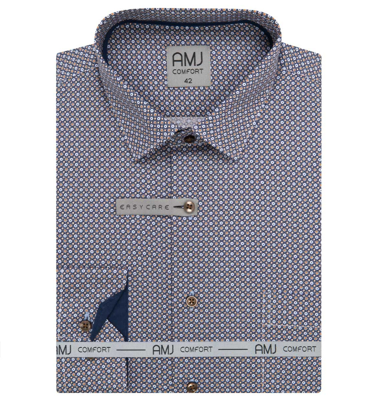 Pánská košile AMJ bavlněná, oranžovo-modrá s puntíky VDBPSR1420, dlouhý rukáv, prodloužená délka, slim fit, vel. 40