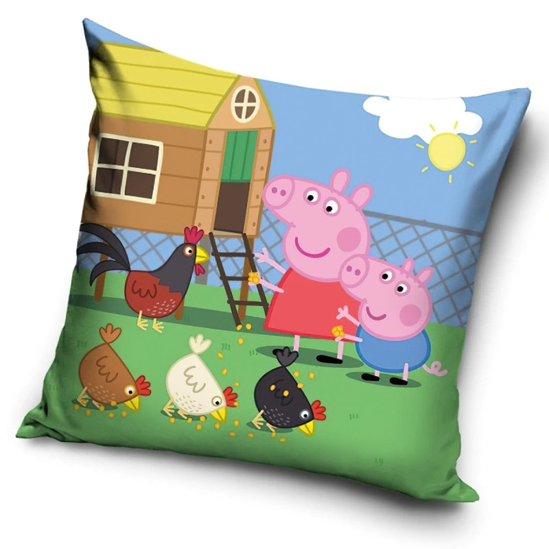 Carbotex dětský polštářek PRASÁTKO PEPINA A TOMÍK NA FARMĚ (PEPPA), zeleno-modrý 40x40cm