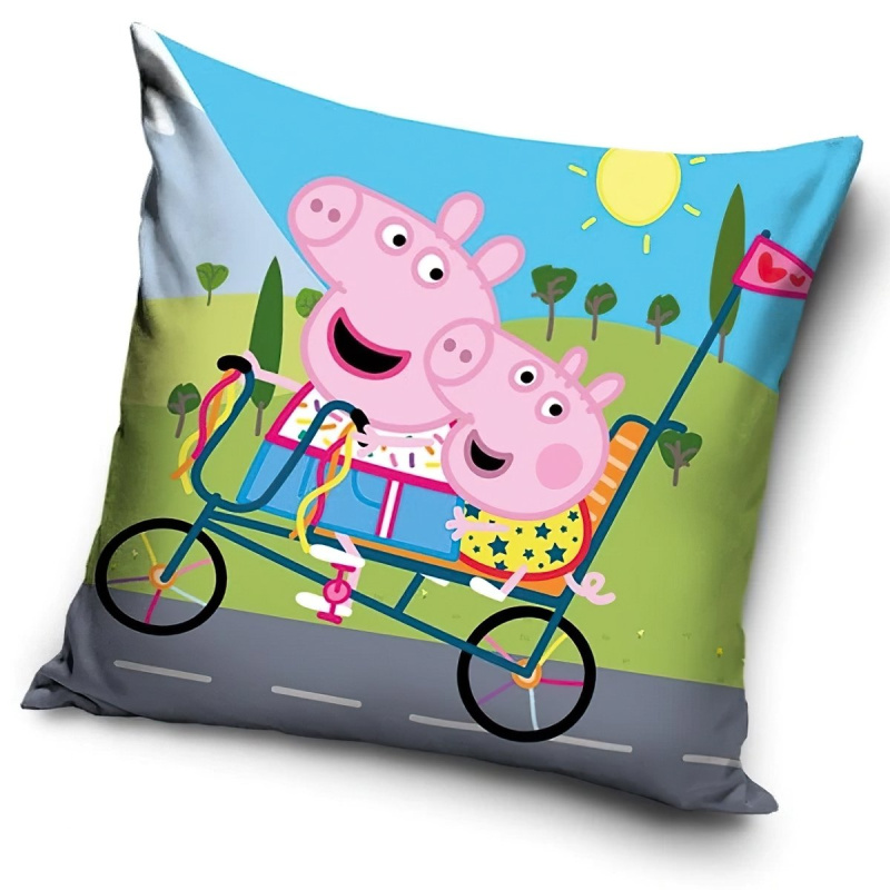Carbotex dětský polštářek PRASÁTKO PEPINA VÝLET NA KOLE (PEPPA), zeleno-modrý 40x40cm