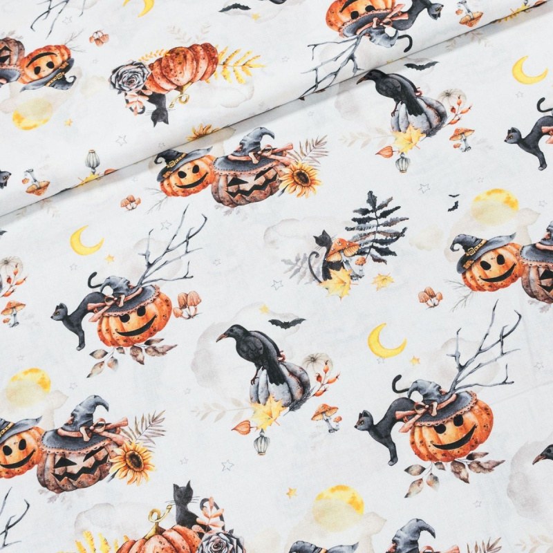 Bavlněné plátno FLITWICK, helloween na bílé, š.150cm (látka v metráži)