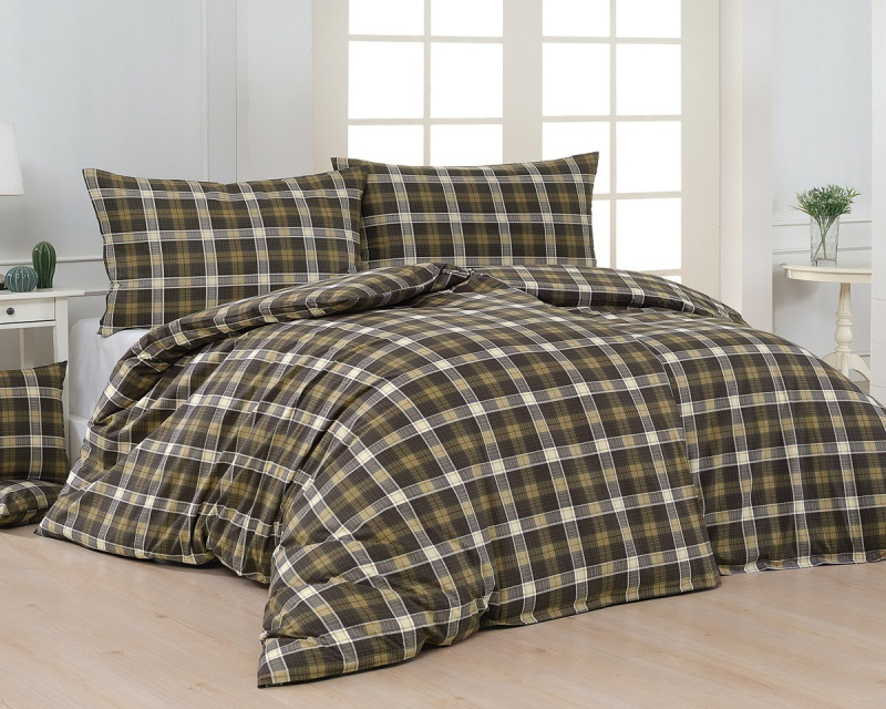 Matějovský povlečení DANTE, hnědo-béžové káro, flanel premium, 140x220cm + 70x90cm