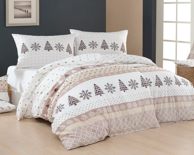 Matějovský povlečení NOVESTA, béžovo-bílý zimní vzor, flanel premium, 140x220cm + 70x90cm