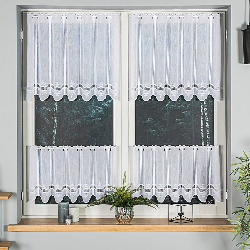 Buona vitrážová záclona, polyesterový batist 44716, vyšívané ornamenty s bordurou, bílá výška 60cm (v metráži)