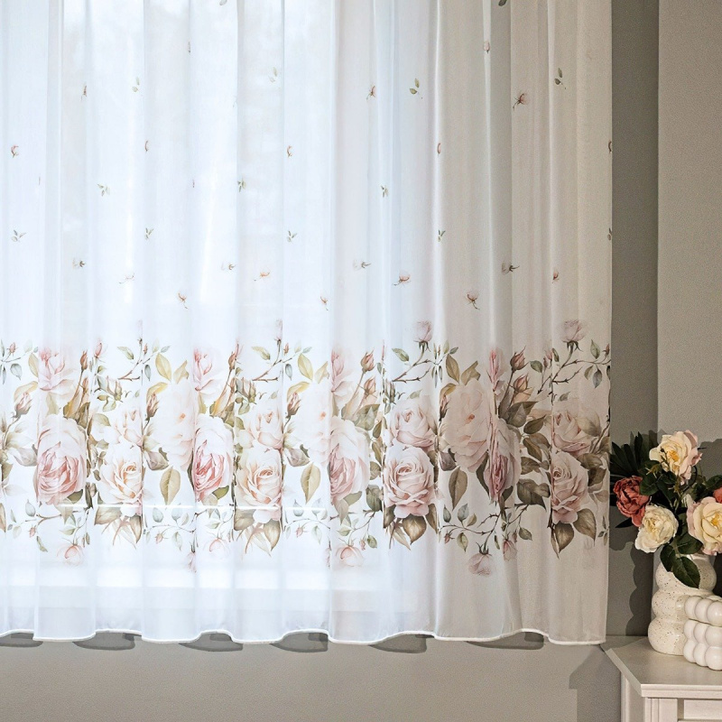 Olzatex kusová záclona voálová RŮŽE, růžová na bílé, s řasicí páskou a olůvkem, výška 155 cm x šířka 250 cm (na okno)