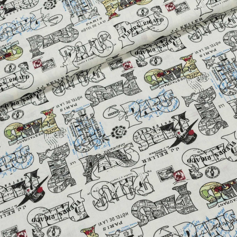 Bavlněné plátno POLO PARIS, zdobené nápisy, smetanová, š.140cm (látka v metráži)