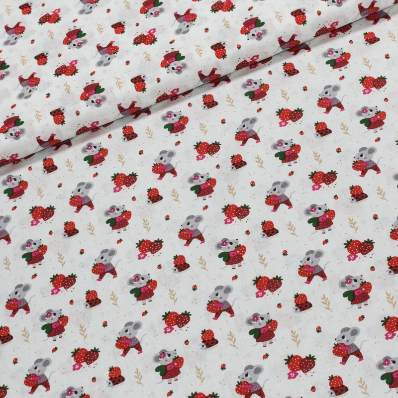 Bavlněné plátno dětské LGD 488001, myšky s jahůdkami na bílé, š.140cm (látka v metráži)