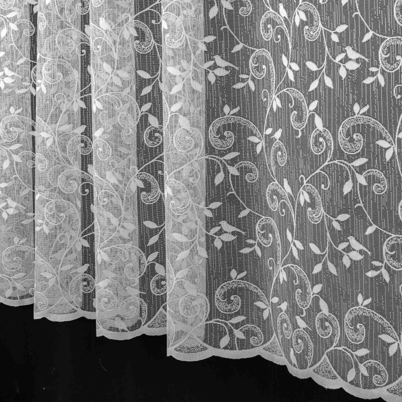 Českomoravská textilní žakárová záclona V702, květinový vzor s ptáčky, s bordurou, bílá, výška 140cm (v metráži)