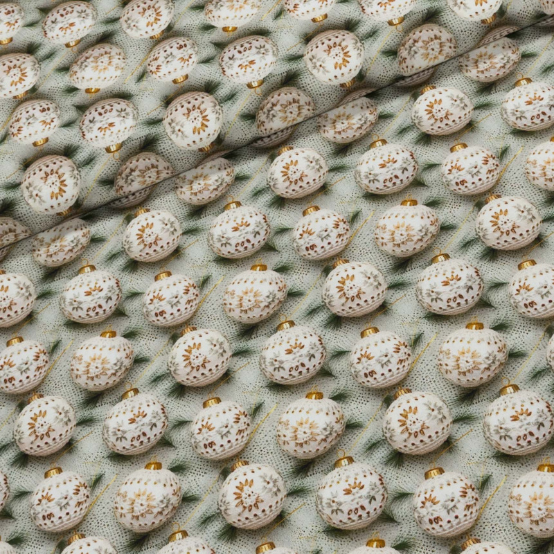 Bavlněné plátno vánoční H241 BLANCO, vzorované baňky na krajce, zelená š.150cm (látka v metráži)
