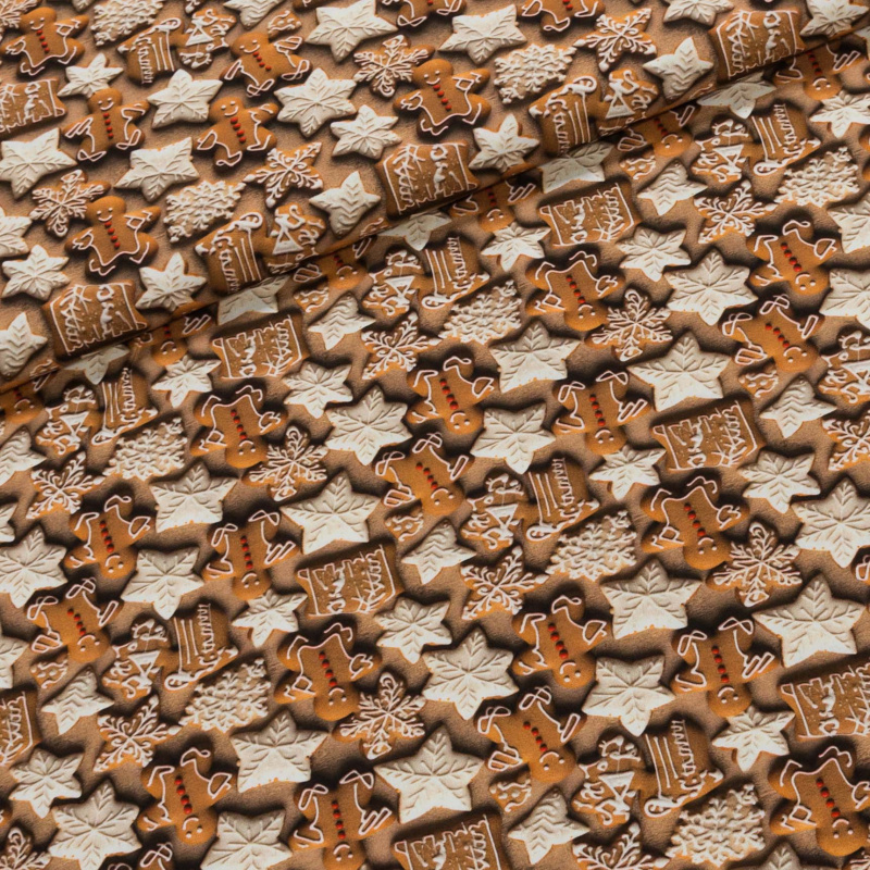 Bavlněné plátno vánoční H242 COOKIES, hnědé perníčky š.150cm (látka v metráži)