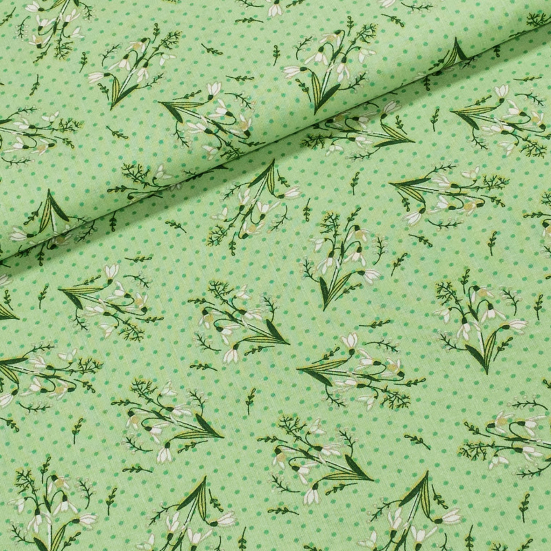 Bavlněné plátno sněženky na světle zelené, š.140cm (látka v metráži)