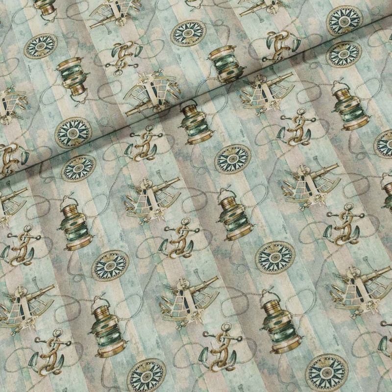 Bavlněné plátno námořnické motivy na modrofialovém proužku, š.150cm (látka v metráži)