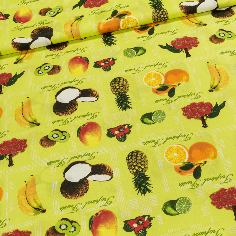 Bavlněné plátno exotické ovoce na limetkově zelené, š.140cm (látka v metráži)