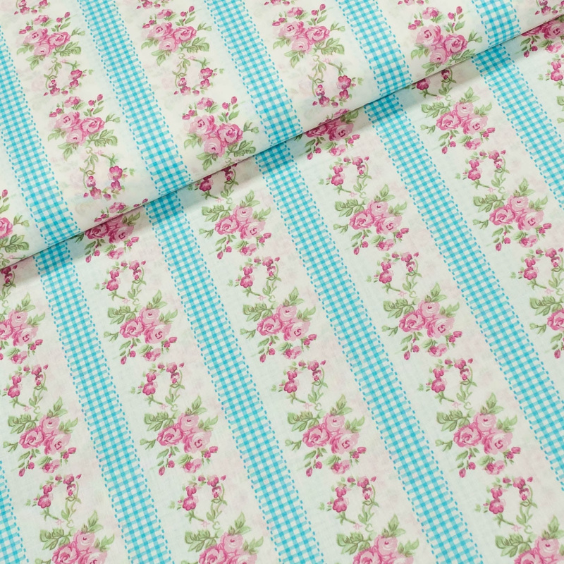 Bavlněné plátno růže a světle modré kostičky, š.140cm (látka v metráži)