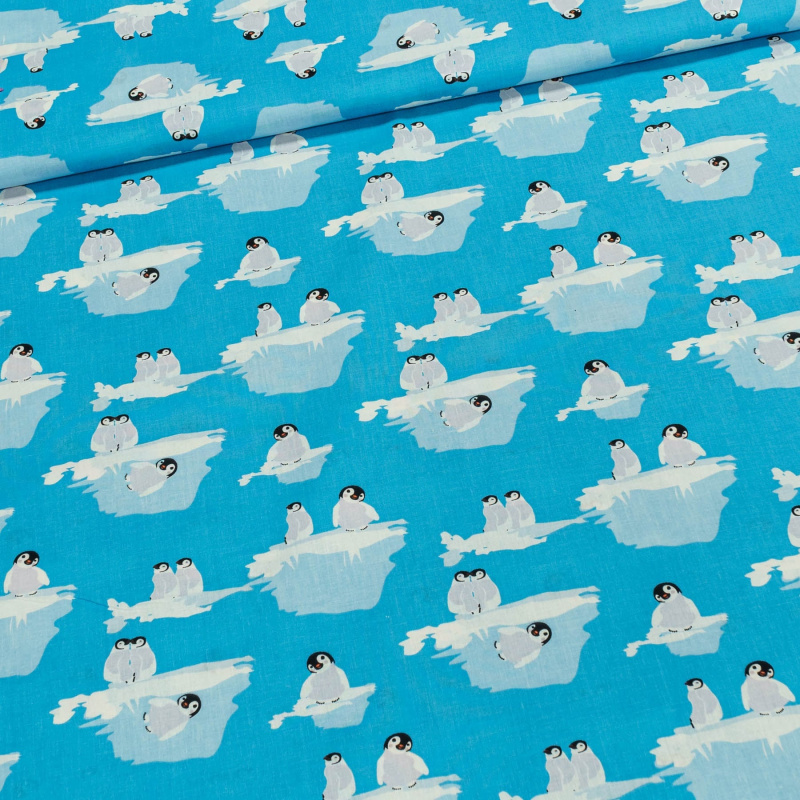 Bavlněné plátno dětské tučňáci na modré, š.150cm (látka v metráži)