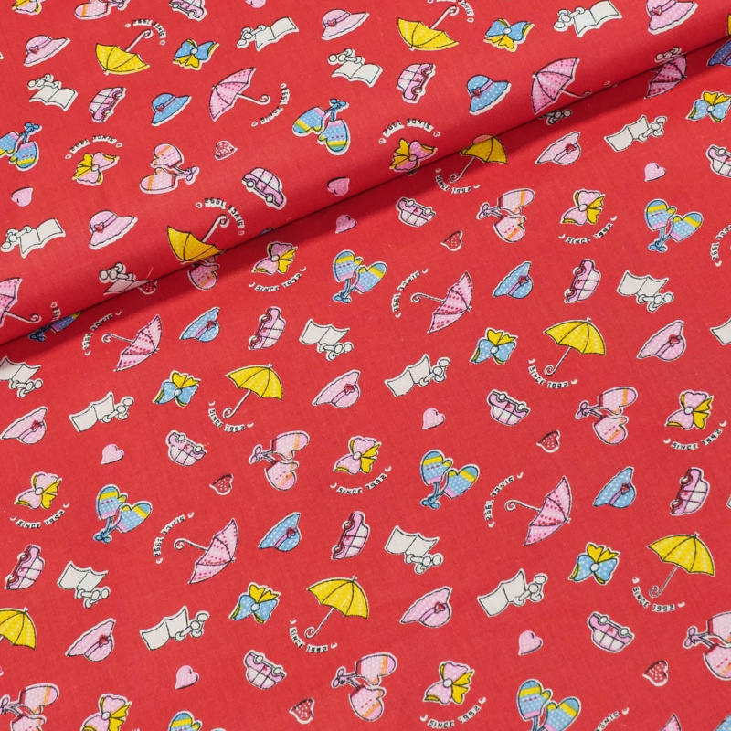 Bavlněné plátno dětské deštníky, klobouky, rukavičky na červené, š.160 cm (látka v metráži)