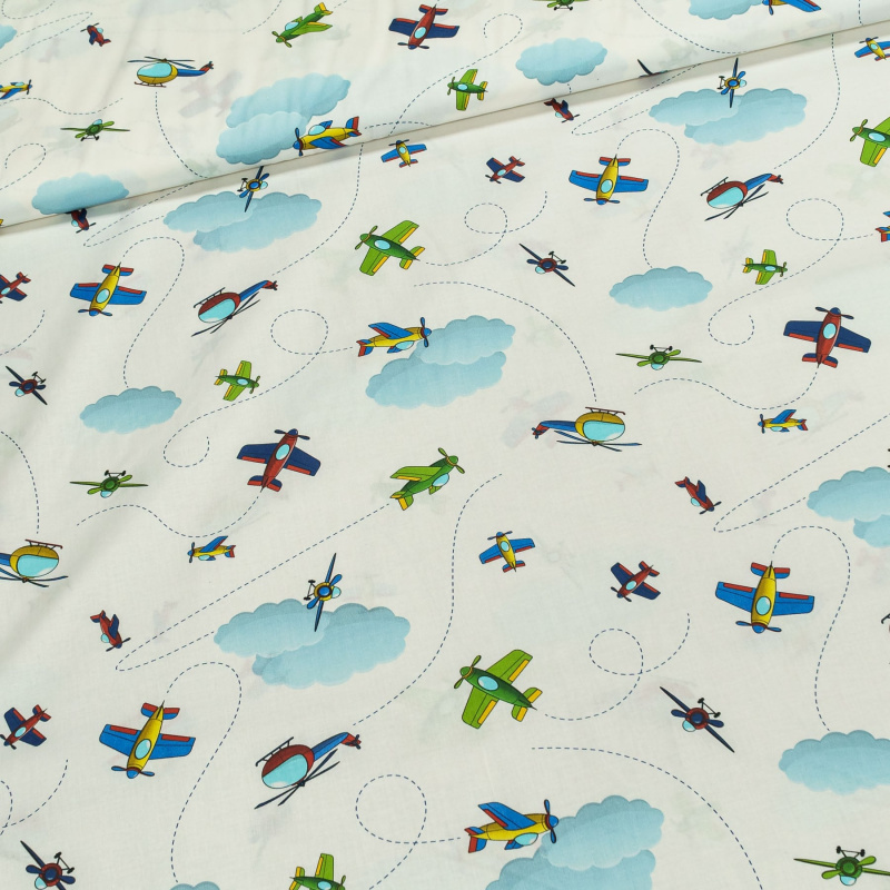 Bavlněné plátno dětské letadla a vrtulníky na bílé, š.140cm (látka v metráži)
