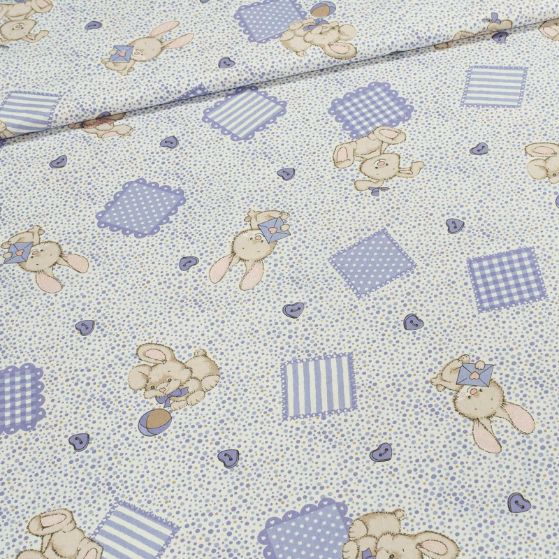 Bavlněné plátno dětské zajíčci na fialovém puntíku, š.140cm (látka v metráži)