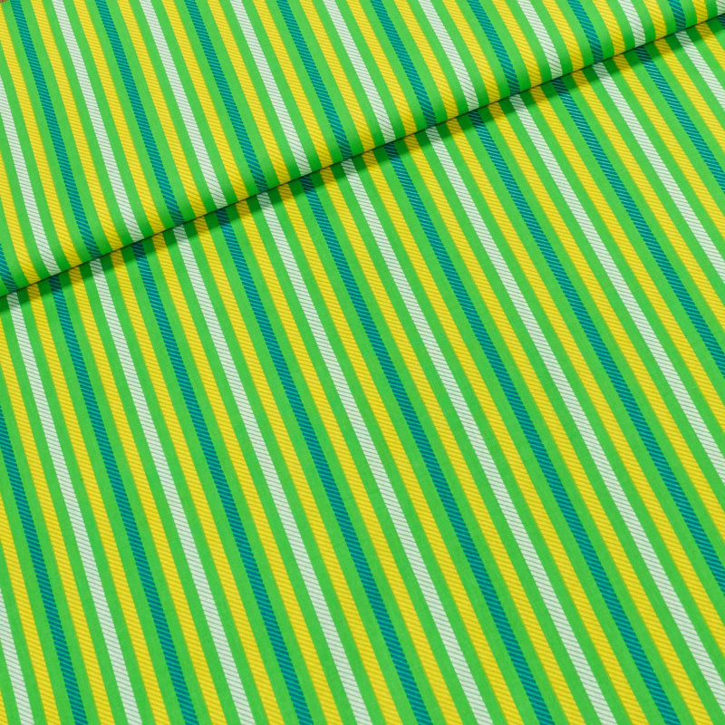 Bavlněné plátno žlutý, modrý a bílý proužek na zelené, š.140cm (látka v metráži)