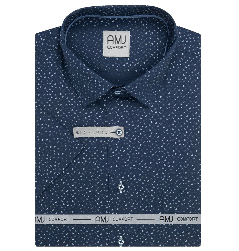 AMJ Pánská košile bavlněná, tmavě modrá s tečkovanými trojúhelníky, VKSBR1440, krátký rukáv, slim fit, vel. 41