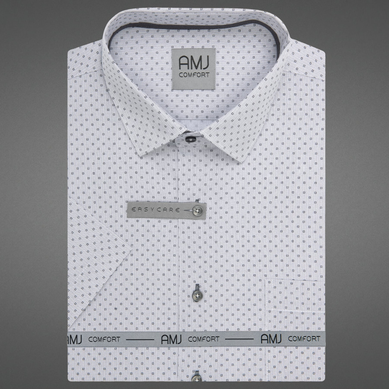 AMJ Pánská košile bavlněná, světle šedá s puntíky / tečkami, VKSBR1444, krátký rukáv, slim fit, vel. 44