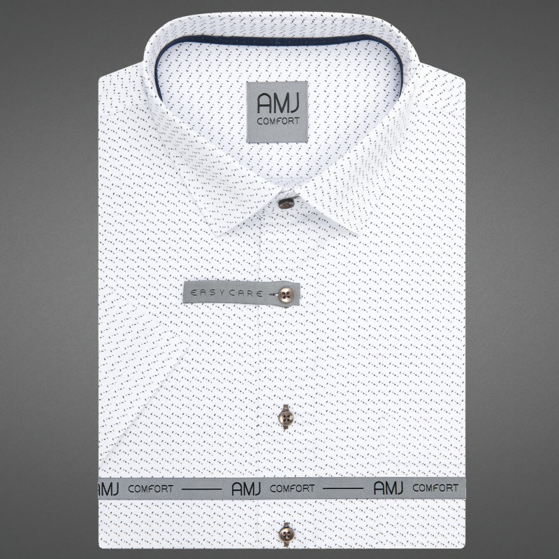 AMJ Pánská košile bavlněná, bílá, hnědé tečky, VKSBR1453, krátký rukáv, slim fit, vel. 44