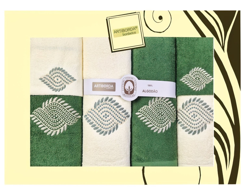 4sleep dárkový set froté ručníků a osušek 160, 6-dílný, zelená a krémová s výšivkou 2x 30x50cm + 2x 50x90cm + 2x 70x140cm