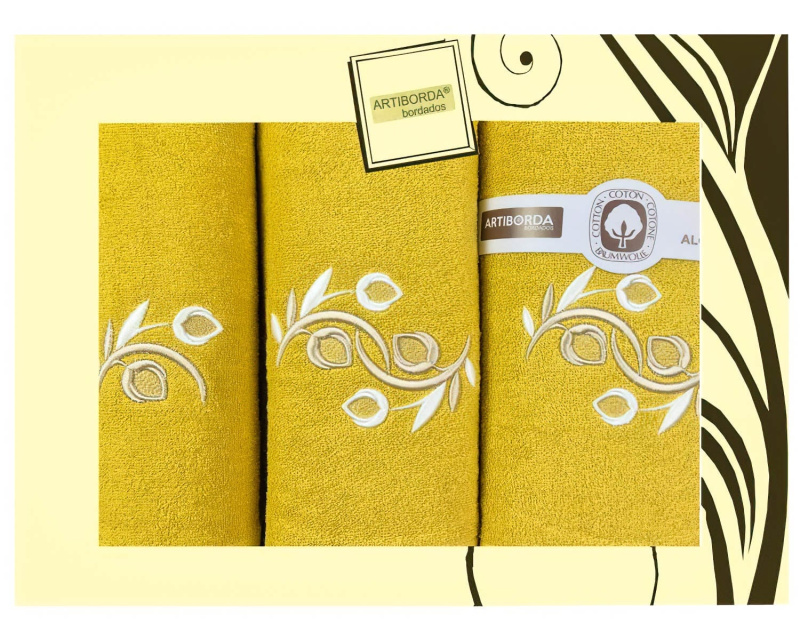 4sleep dárkový set froté ručníků a osušek 126, 3-dílný, medová (okrová) s výšivkou, 1x 30x50cm + 1x 50x90cm + 1x 70x140cm