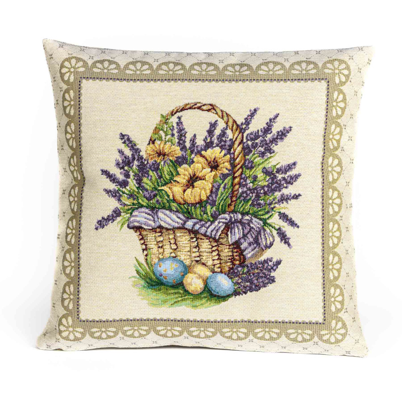 Dekoratex Dekorační povlak na polštářek RETRO VELIKONOČNÍ, KOŠÍČEK S VAJÍČKY A LEVANDULEMI, fialová, 45x45cm