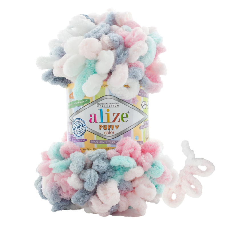 Pletací příze Alize PUFFY COLOR 6529 růžovo-mentolovo-šedo-bílý melír, efektní, 100g/9m