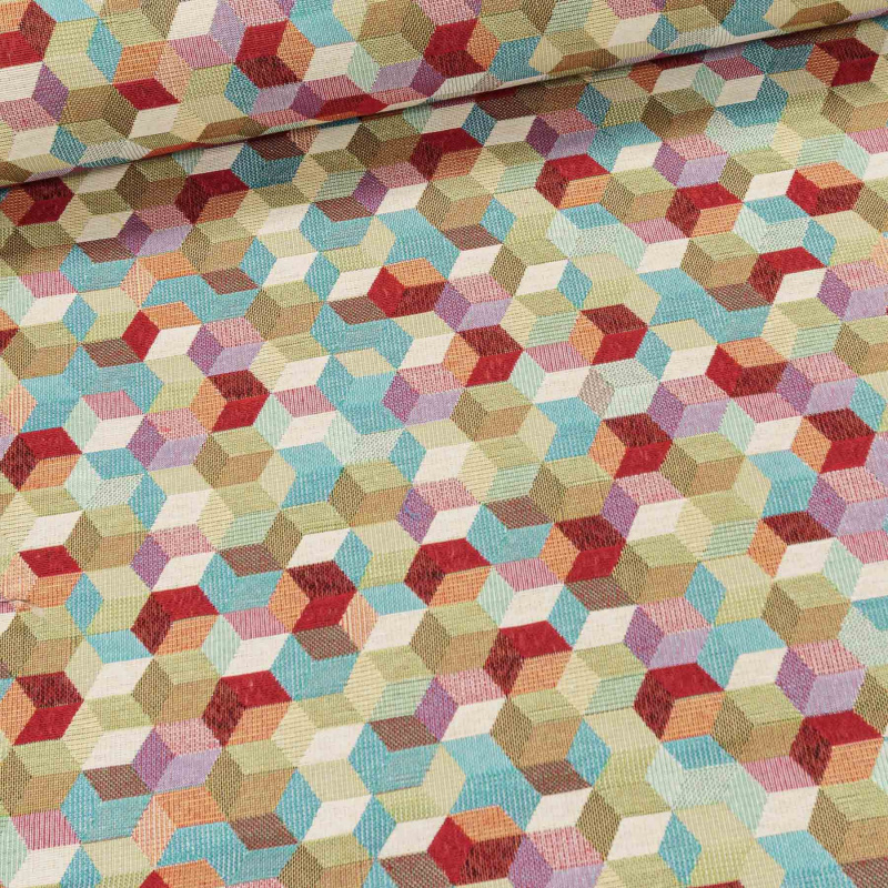 Směsové plátno (gobelín) JAQUAED GEOS, vícebarevné krychličky, š.140cm (látka v metráži)