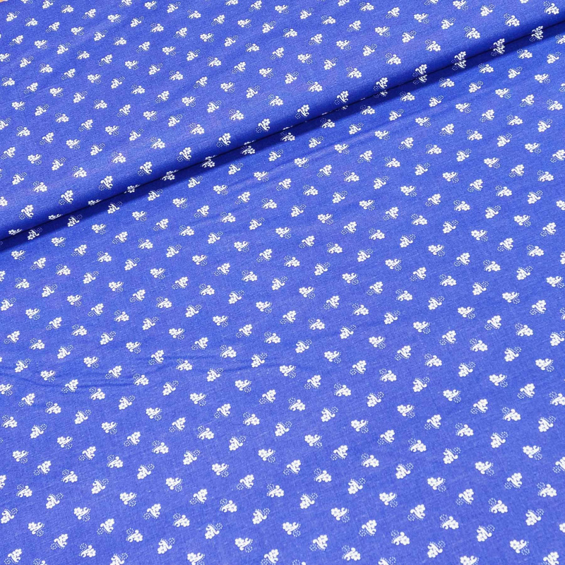 Bavlněné plátno POLO bílý kvítek na modré, š.140cm (látka v metráži)