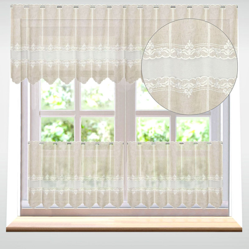 Forbyt vitrážová záclona, polyesterový batist 27027, REŽNÁ, vyšívané ornamenty s tylem, s bordurou, výška 60cm (v metráži)