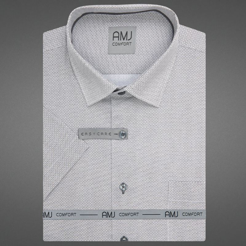 AMJ Pánská košile bavlněná, šedá puntíkovaná / síťovaná, VKSBR1445, krátký rukáv, slim fit, vel. 44