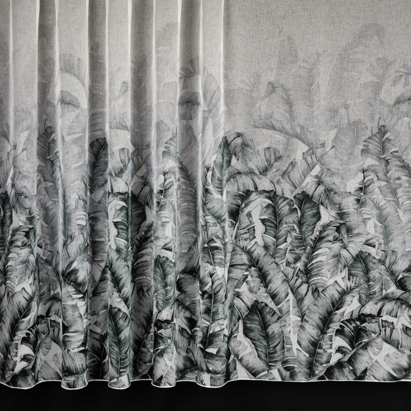 Berk záclona / lehká závěsovina polyesterový batist 4096/1, zeleno-šedé listy na smetanové, s olůvkem, výška 270cm (v metráži)