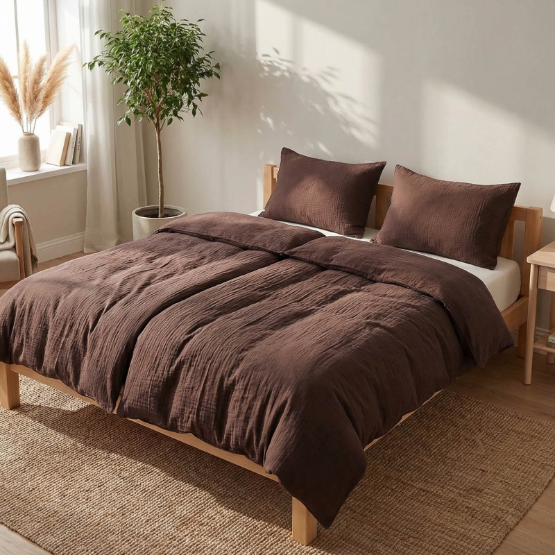Prem Povlečení MUŠELÍN PREMIUM TMAVĚ HNĚDÉ, jednobarevné, tmavě hnědé, mušelín, 140x200cm + 70x90cm