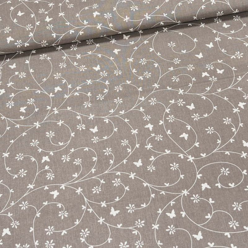 Bavlněné plátno SIMONA popínavé květiny s motýlky na tmavě šedé, š.145cm (látka v metráži)