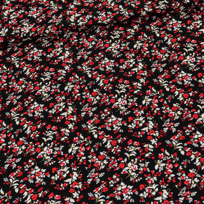 Viskózový úplet 4577/01, červeno-bílé květinky na černé, š.150cm (látka v metráži)
