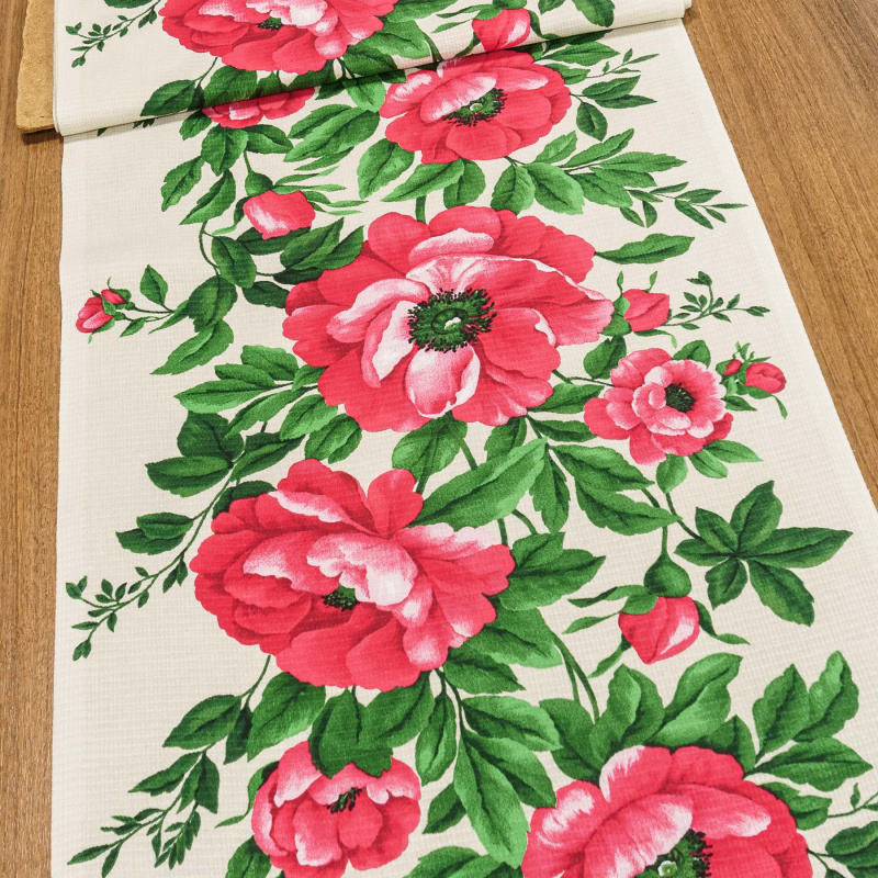 Bavlněné plátno vaflovina, utěrkovina / štola na metráž 703023 KVĚTY BEIGE, červené květy na béžové, š. 50cm (látka v metráži)