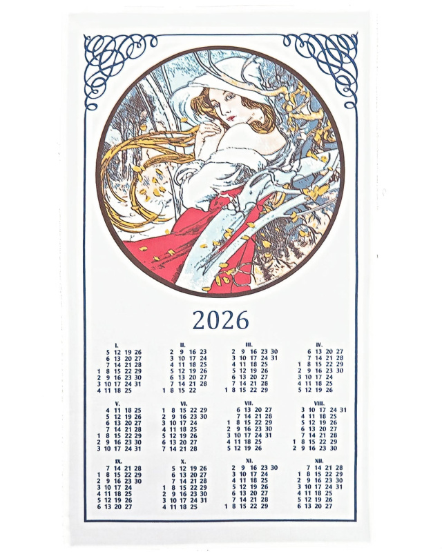 Olzatex textilní kalendář, utěrka ALFONS MUCHA PANNA 2026, bílý, 40x70cm, bez hůlky