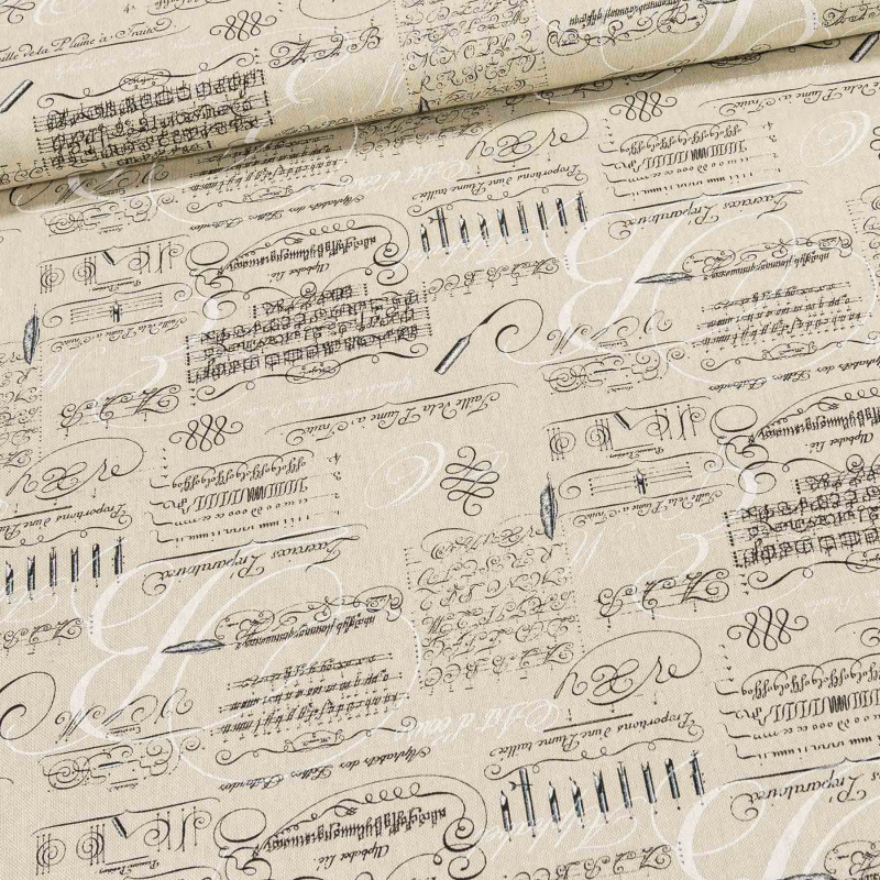 Směsové plátno 8859/001, psaní a noty na režné, š.140cm (látka v metráži)