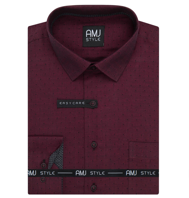 Pánská košile AMJ bavlněná, vínová puntíkovaná, VDSR1426, dlouhý rukáv, slim fit, vel. 45