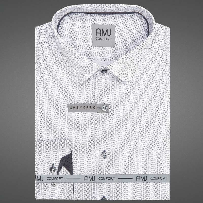 Pánská košile AMJ bavlněná, bílá se světle a tmavě šedým vzorem VDSBR1471, dlouhý rukáv, slim fit, vel. 45